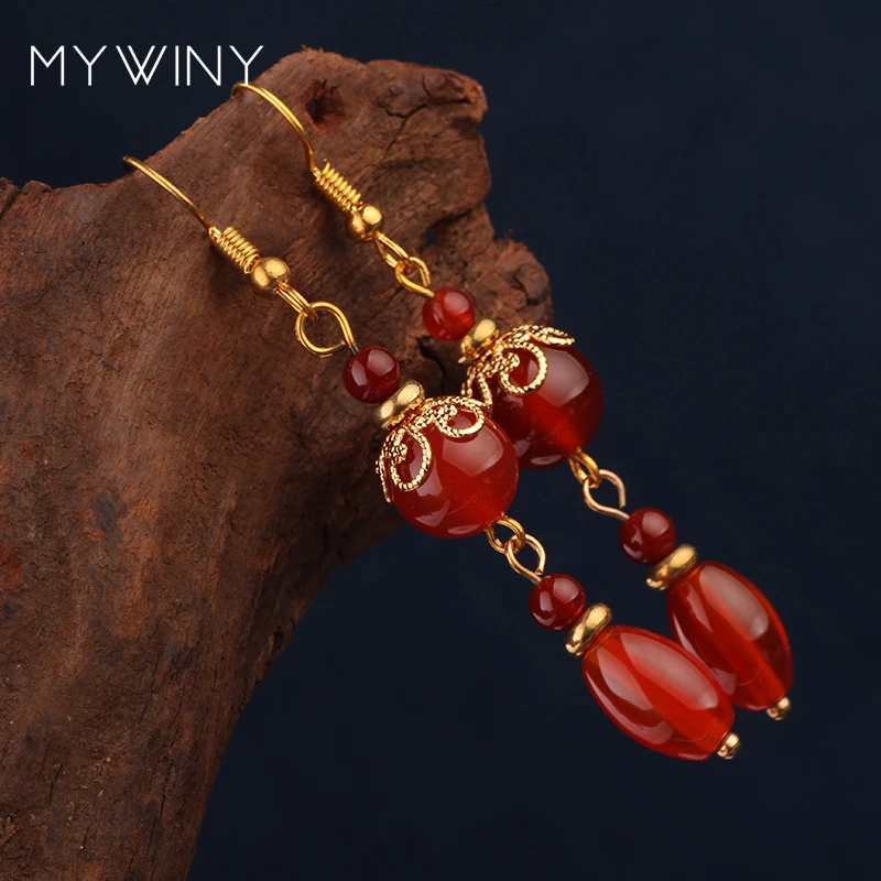 MYWINY винтажные этнические длинные висячие серьги Красные Каменные Бусы для