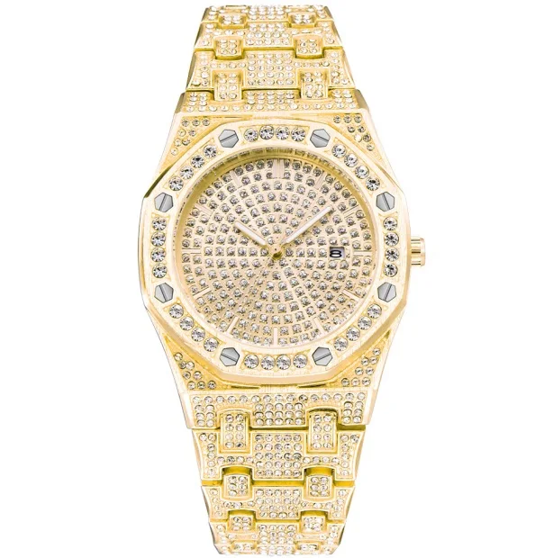 Шикарные бриллиантовые часы для мужчин Iced Out роскошные мужские s кварцевые часы мужские наручные часы серебро Нержавеющая сталь Relogio Masculino - Цвет: Золотой