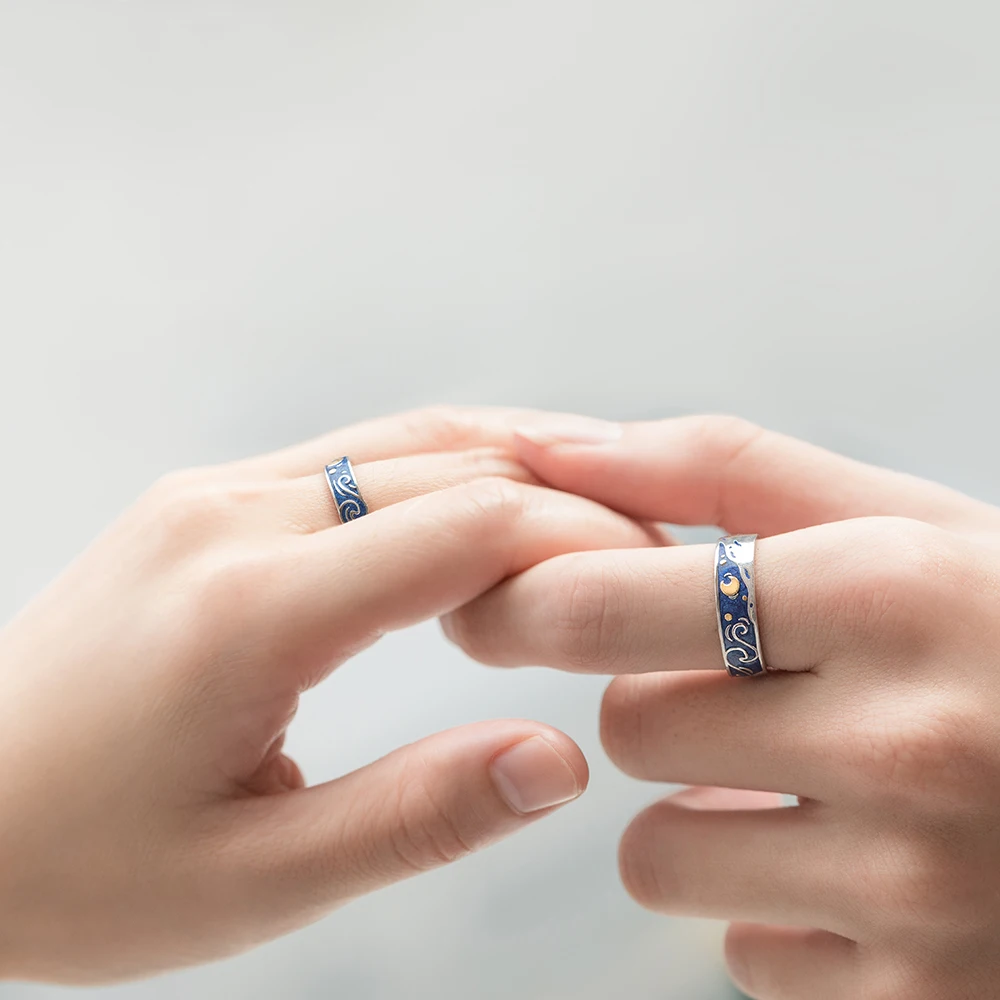 Skup Thaya oryginalna Van gogha emalia pierścionki biżuteria 925 srebrny brokat Deer Sky złoty księżyc gwiazda płótno palec serdeczny romantyczny dla kobiet