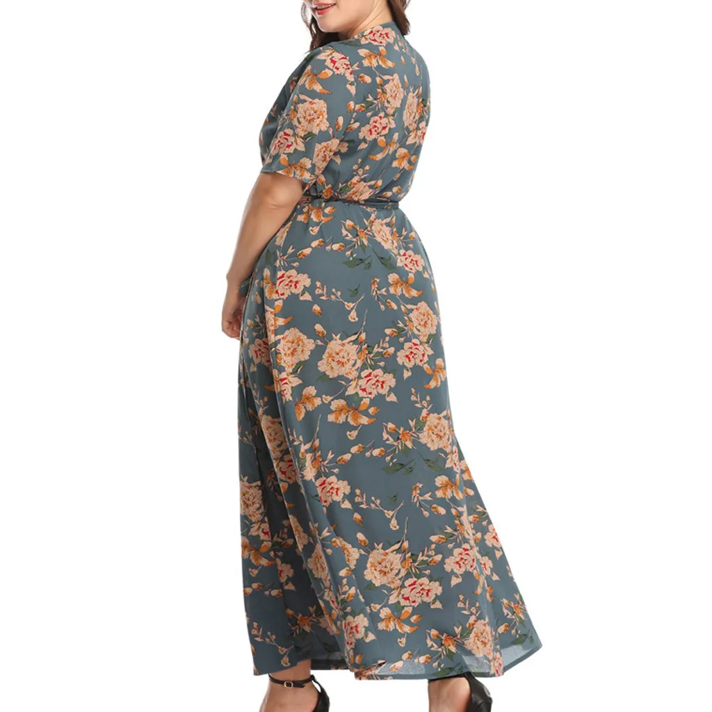 Модное сексуальное женское летнее длинное платье размера плюс с принтом в стиле бохо, винтажное платье макси с разрезом большого размера, Повседневная пляжная одежда для женщин