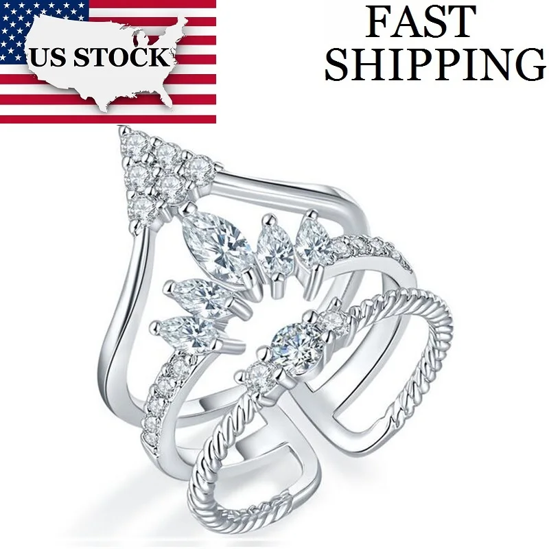 

USA STOCK Uloveido Wedding Jewelry Open Crown Rings for Women Engagement Resizable Cubic Zirconia Wide Ring Female Silver Y336