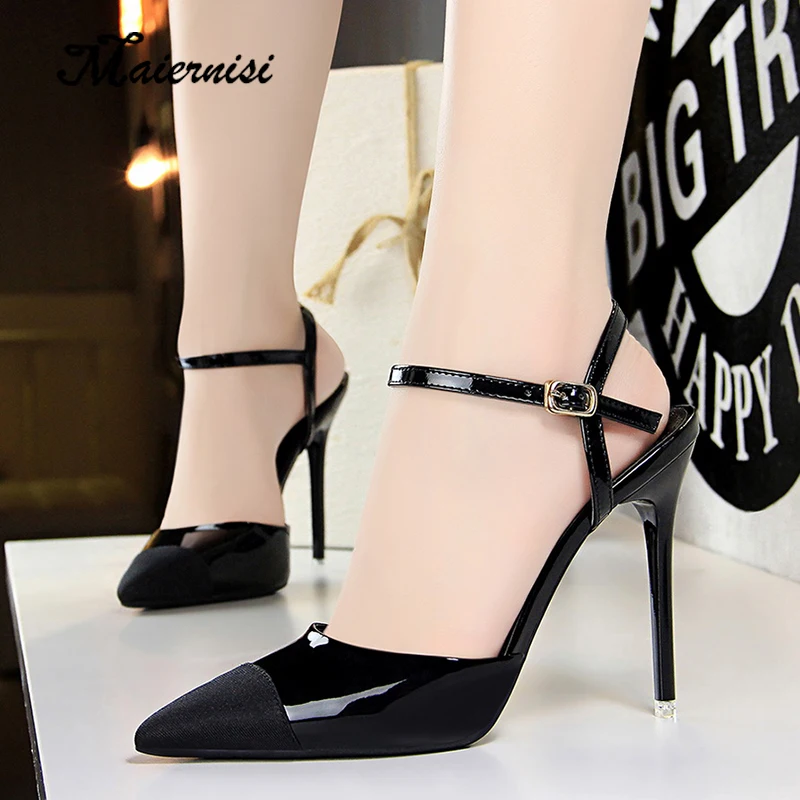 

MAIERNISI Women Pumps 11cm Thin Heel Women Shoes Summer Sandals New High-heeled Pointed Toe Buckle Party Stilettos Silver