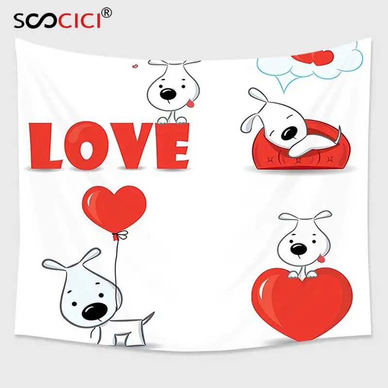 

Cutom Tapestry Wall Hanging,Love Decor Set of Funny Dogs with Heart Symbols Love My Pet Best Friends Companions Ever Animal