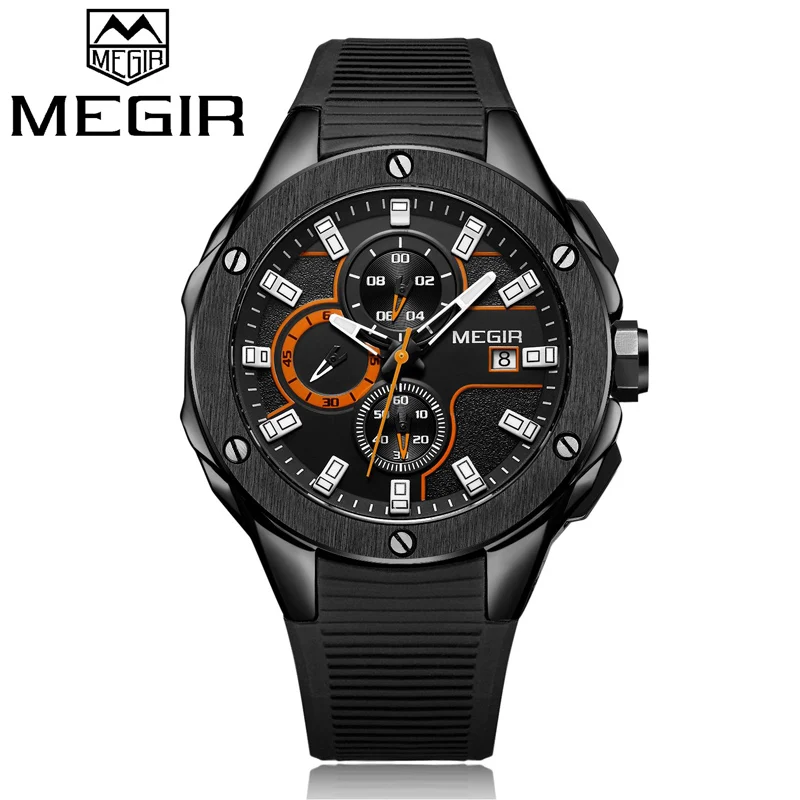 Лидирующий бренд, роскошные мужские спортивные часы MEGIR, хронограф, силиконовый ремешок, кварцевые военные часы с большим циферблатом, мужские часы, Relogio Masculino - Цвет: Black