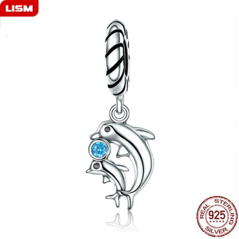 

New 100% 925 Sterling Silver Double Dolphin DIY Bracelet Pendant with Blue CZ Lady Necklace with Accessories Jewelry Making Gift