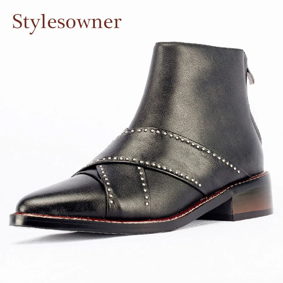 

Stylesowner 2018 new rivet studded black genuine leather ankle boots women pointed toe low heel zipper martin boot mujer zapatos