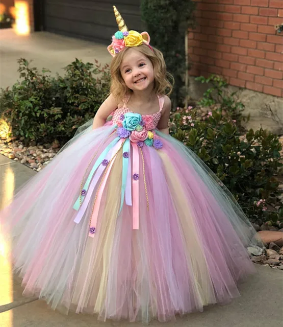 US $15.18 Girls Pastel Unicorn Flower Tutu Dress Kids Crochet Tulle Strap Dress Ball Gown with Daisy Ribbons 