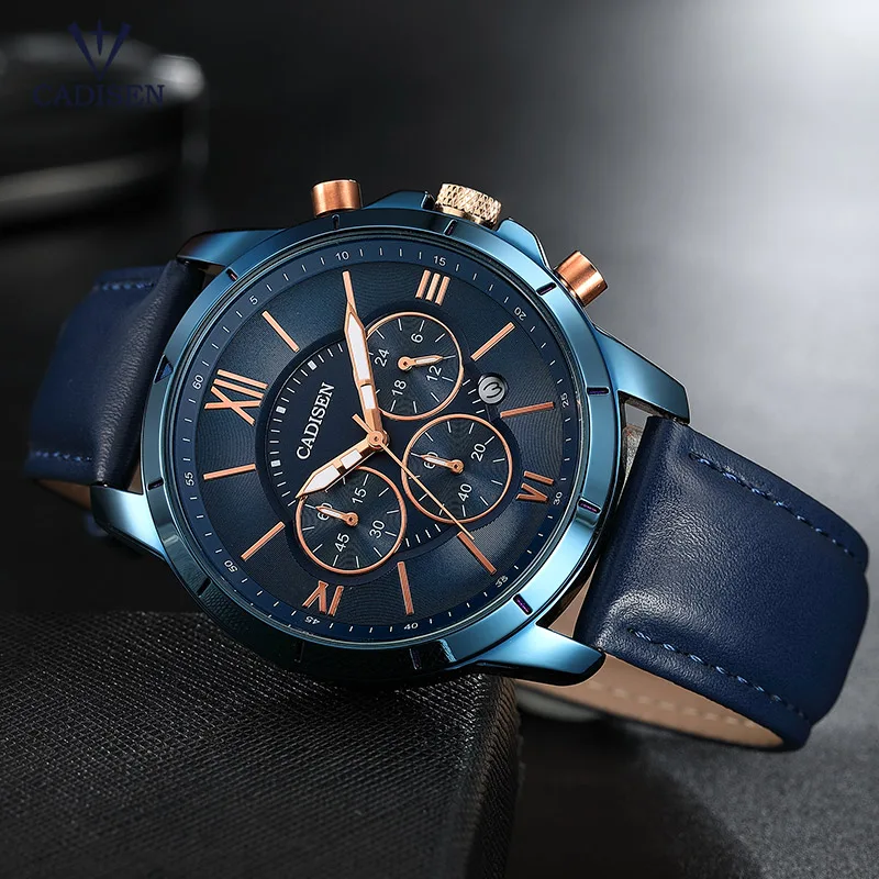 Cadisen Для мужчин 24 часа Дисплей кварцевые часы Мода Синий кожаный ремешок хронографа аналог наручные часы для человека CL9060 синий