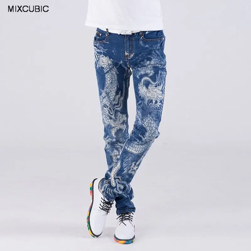 MIXCUBIC 2017 new Autumn Europe Style Unique Dragon printed jeans men