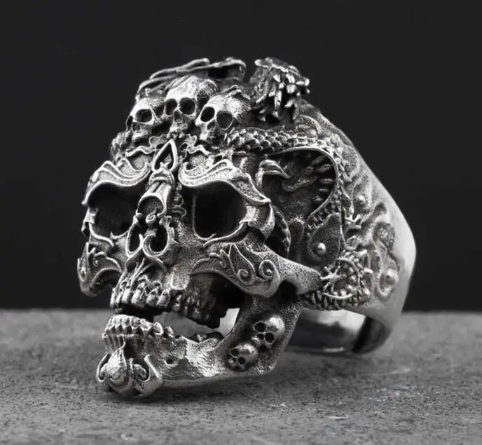 

Vintage Punk Gold Black Evil Dragon Skull Ring for Men Chunky Copper Alloy Biker Rock Rap Skeleton Head Ring Gothic Jewelry Men