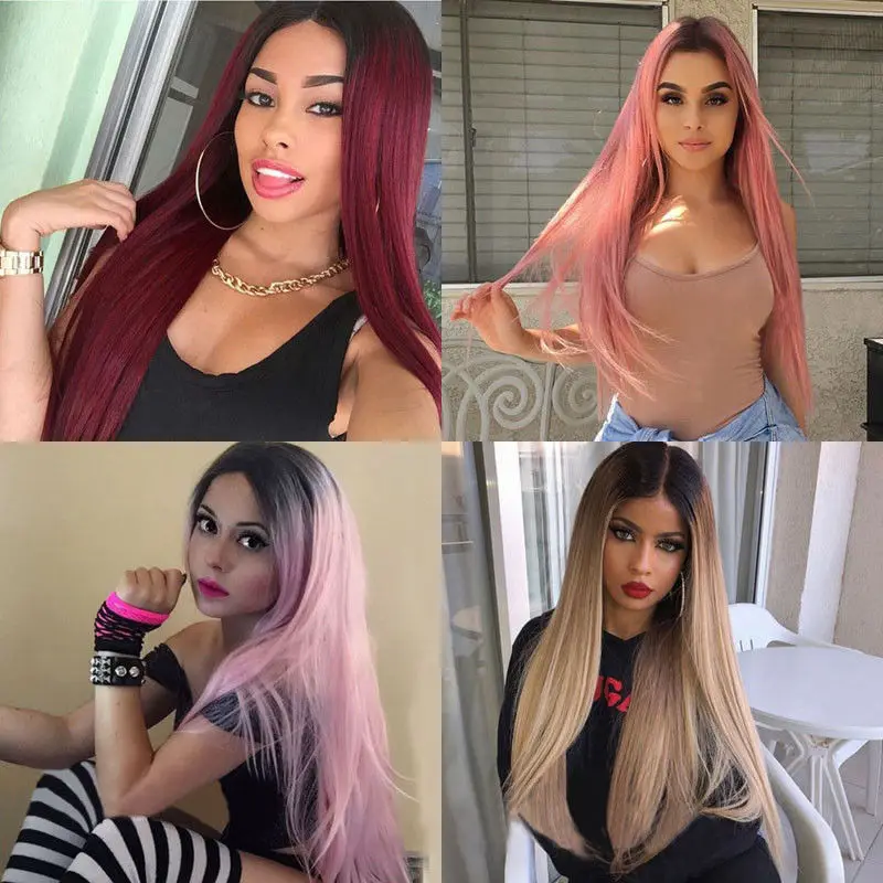 

28'' Fashion Women Long Ombre Hair Full Wig Natural Straight Synthetic Hair Wigs