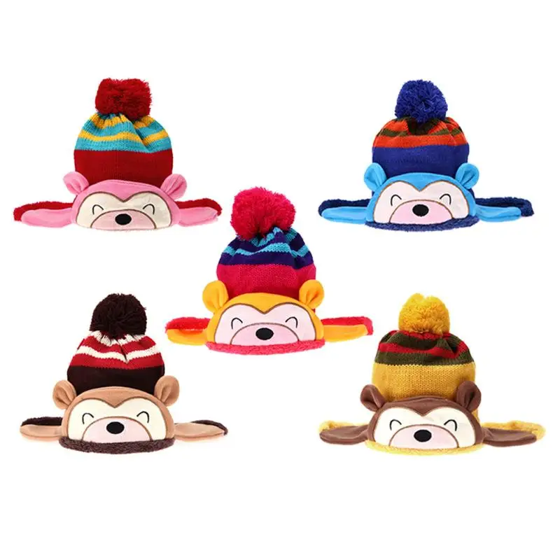 

1pc Fashion Baby Winter Warm Cap Hat Cartoon Monkey Striped Ball Ear Caps Wind Proof Warm Fleece Baby Hats