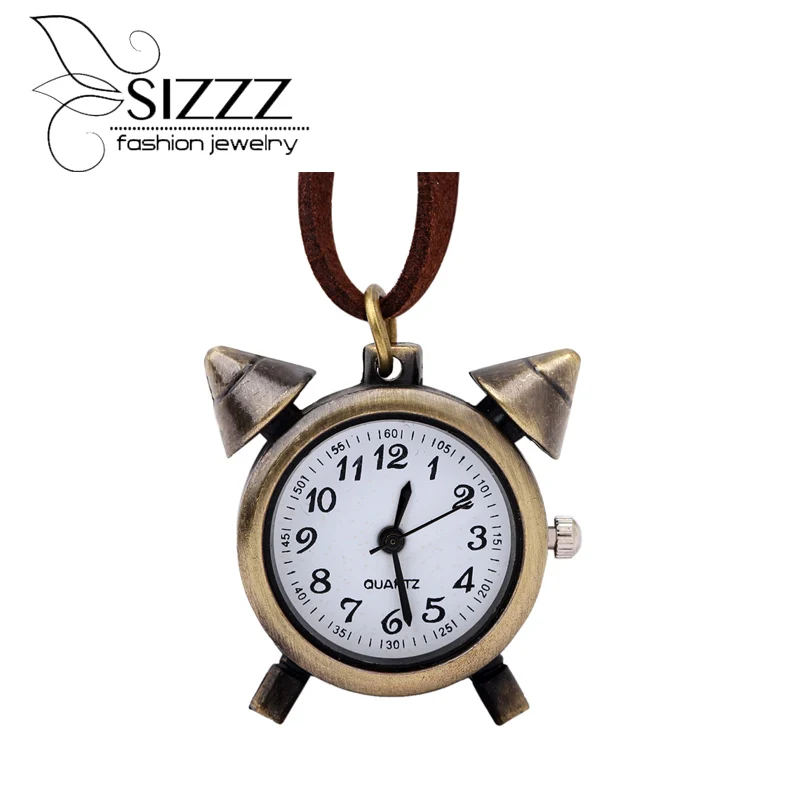 

SIZZZ 47CM Long Retro nostalgic small alarm clock pocket watch bronze round necklace pendants for women/men