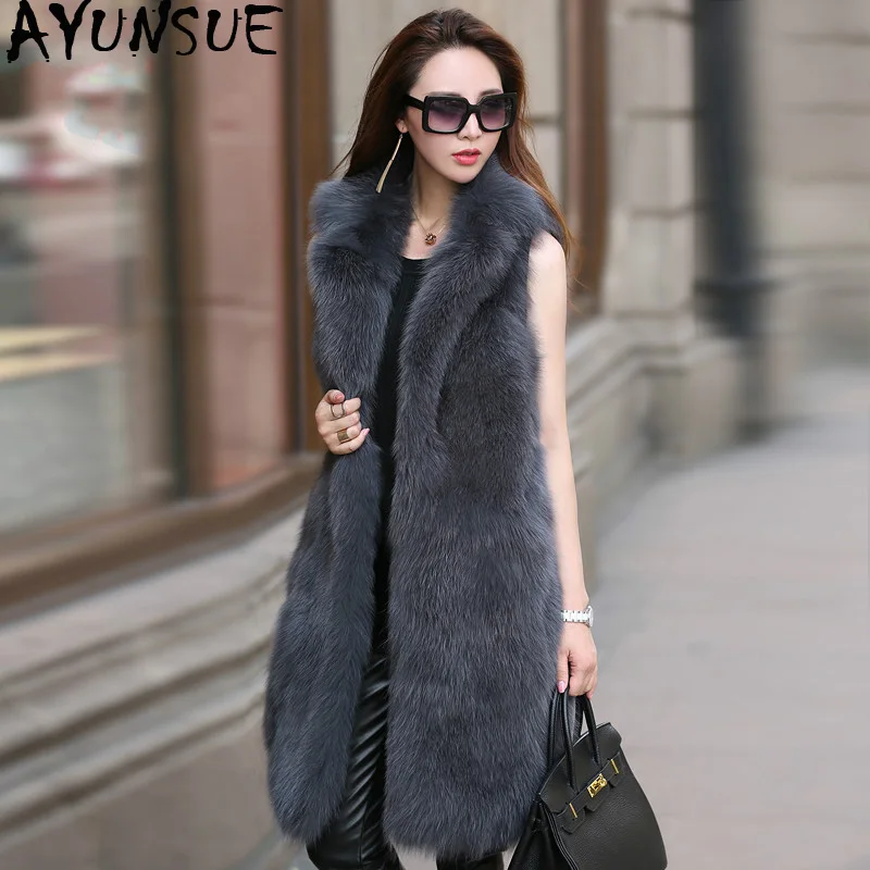 AYUNSUE Real Fur Vest Long Fox Fur Coat Women Clothes 2019 Winter Furry Vest Fur Jackets and Coats Manteau Femme Hiver KJ1049