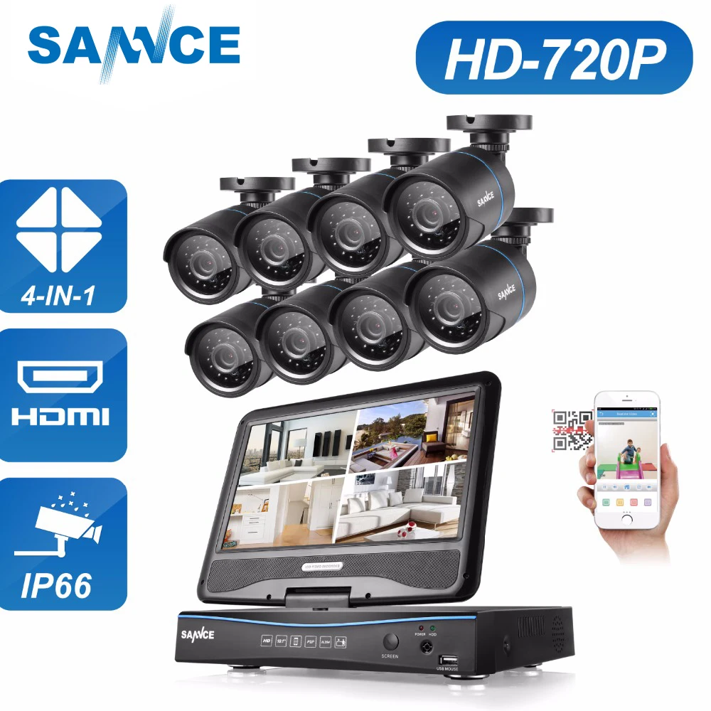 

SANNCE 8CH 720P CCTV Camera Security System Kit Build-in 10.1" LCD Monitor 8pcs 1.0MP Weatherproof Home Surveillance Cameras Kit