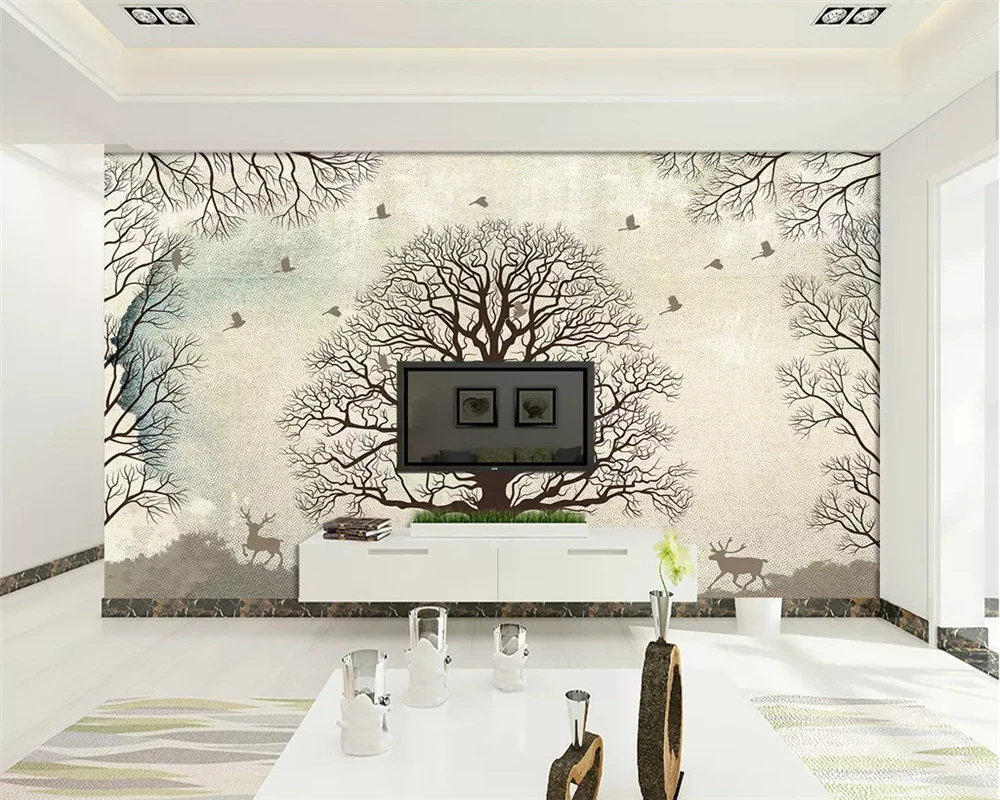 

beibehang Photo wallpaper Hand Painted bird tree forest deer bedroom living room sofa TV background wall 3d wallpaper mural