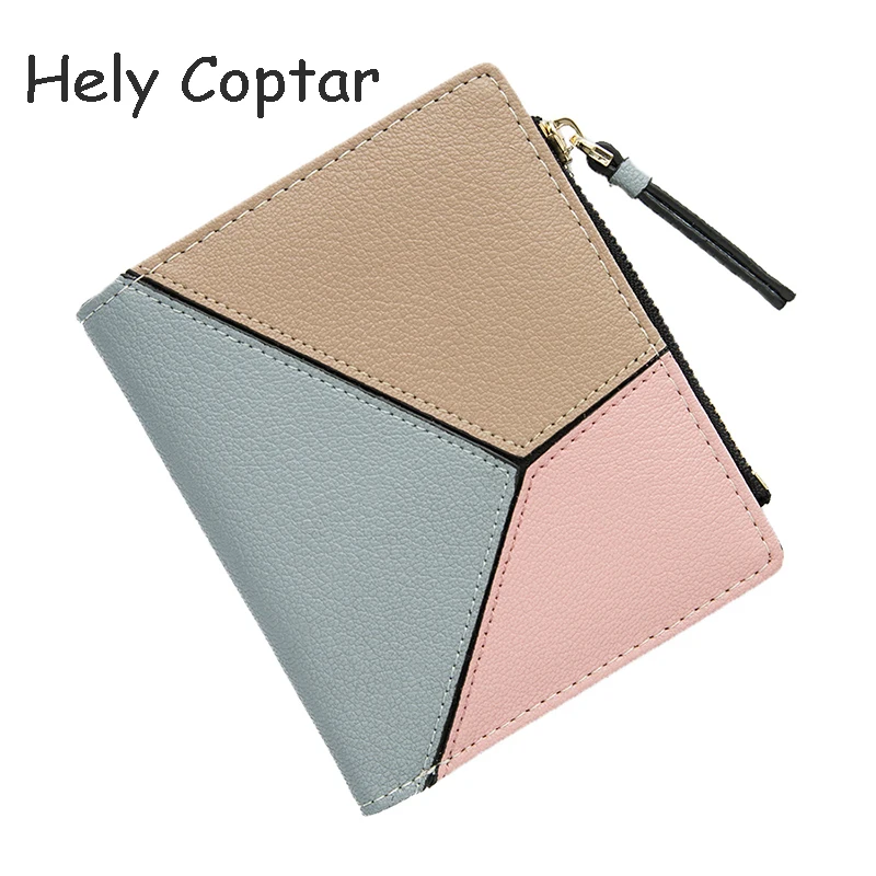 

[ Hely Coptar ] 100% Genuine Leather Geometric Patchwork Women Short Wallet Fahion Designer Pink Cute For Girl Standard Wallets