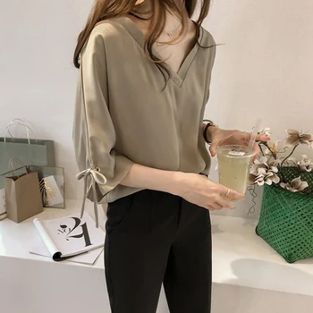 

Women's V-Neck Chiffon 3/4 Sleeve Blouse Solid Bowie Lace Up Office Lady Womens Blouses 2019 Summer Casual Loose Clothes