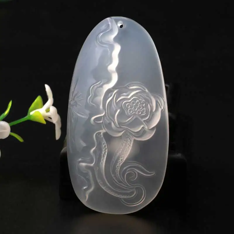 

KYSZDL Natural White Ice chalcedony Lotus Flower Pendant Women White Crystal Sweater Chain Pendant Necklace Jewelry Gift
