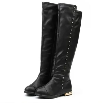 

Princess High Boots Leather Big Girls Black Boots Over the Knee High Girl Botas with Rivets Square Heel 2017 New Fashion 26-37