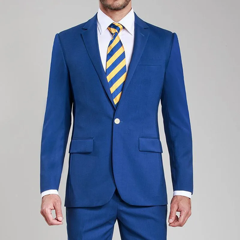 205 (1) New Arrival Custom Made Trim Fit One Button Blue Groom Tuxedos Notched Lapel Men Groomsmen Suit One Interior Pocket For Wedding