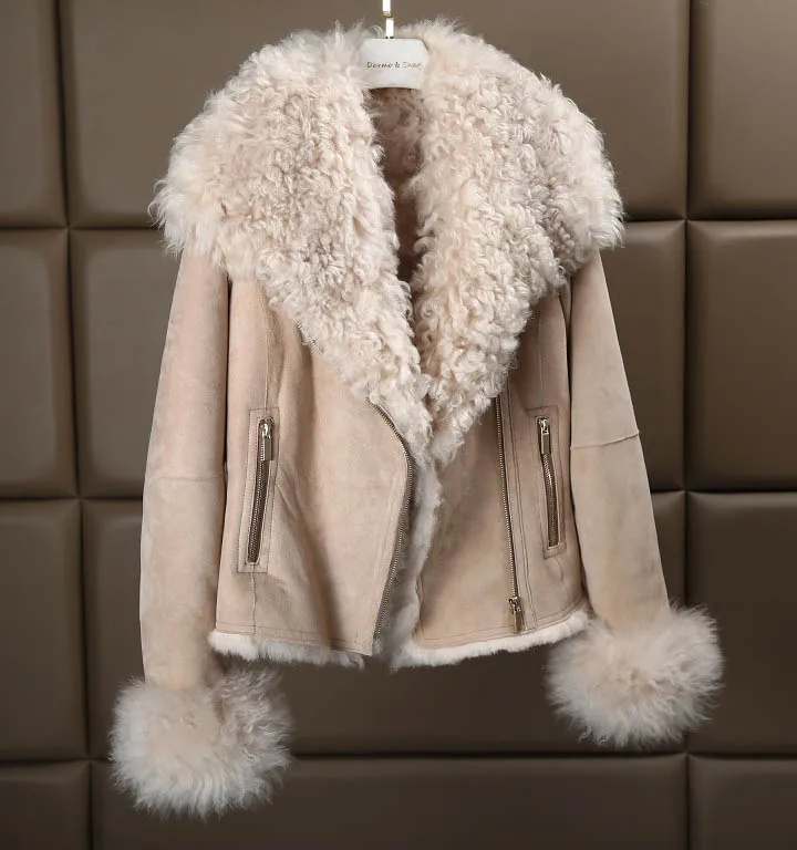 Роскошное теплое пальто из натуральной овчины с натуральным мехом ягненка, двусторонняя Меховая куртка, толстое меховое пальто для женщин, большие размеры, YH173 - Цвет: Beige