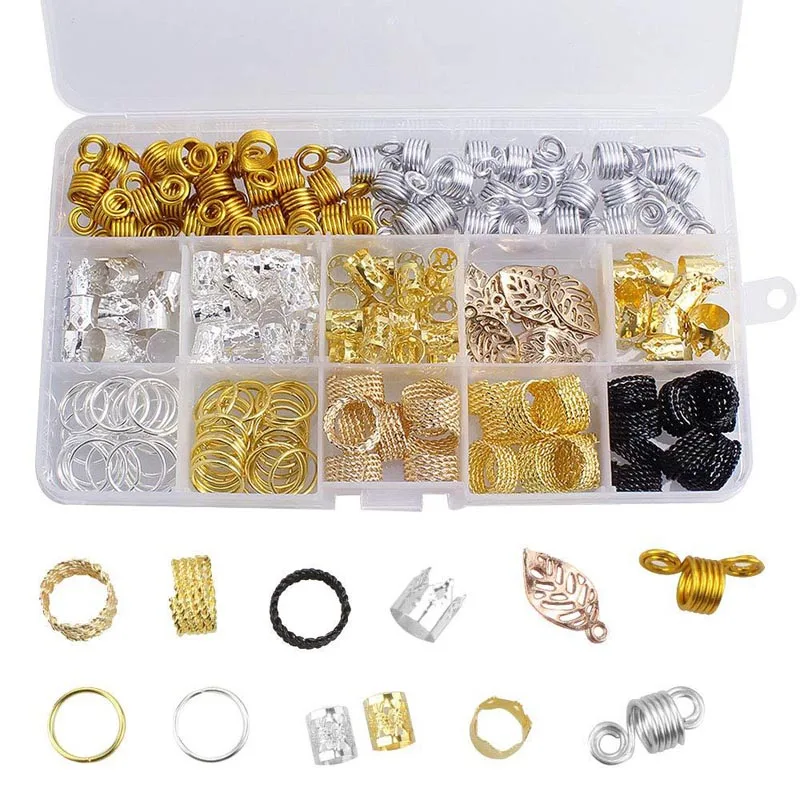 200 pcs/box Mix different Metal Leaves Ring Hair braid Dreadlocks Beads Clips Hair Decoration Accessories with Storage Box ta mingren heart shaped led wedding ring box pendent box with display storage jewelry case velvet lining 6 colors available