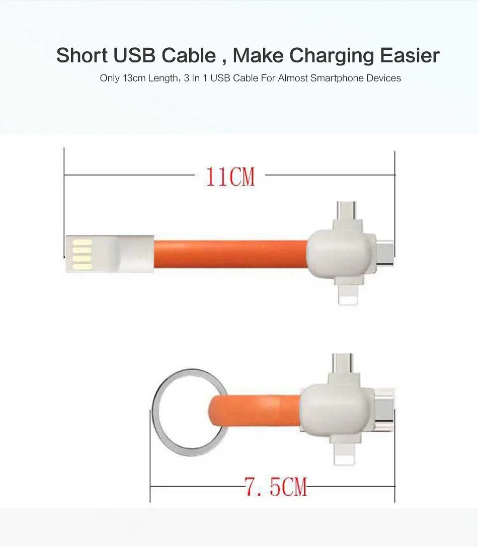 3 в 1 USB кабель Micro usb type C кабель освещения для iPhone XR X samsung HUAWEI 2A Мини Брелок Зарядное устройство кабели для зарядки