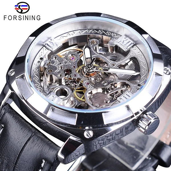 Silver Forsining, спортивные часы, черные, серебряные, открытые, мужские, светящиеся, водонепроницаемые, мужские, автоматические, наручные часы, лучший бренд, роскошные - Цвет: Silver