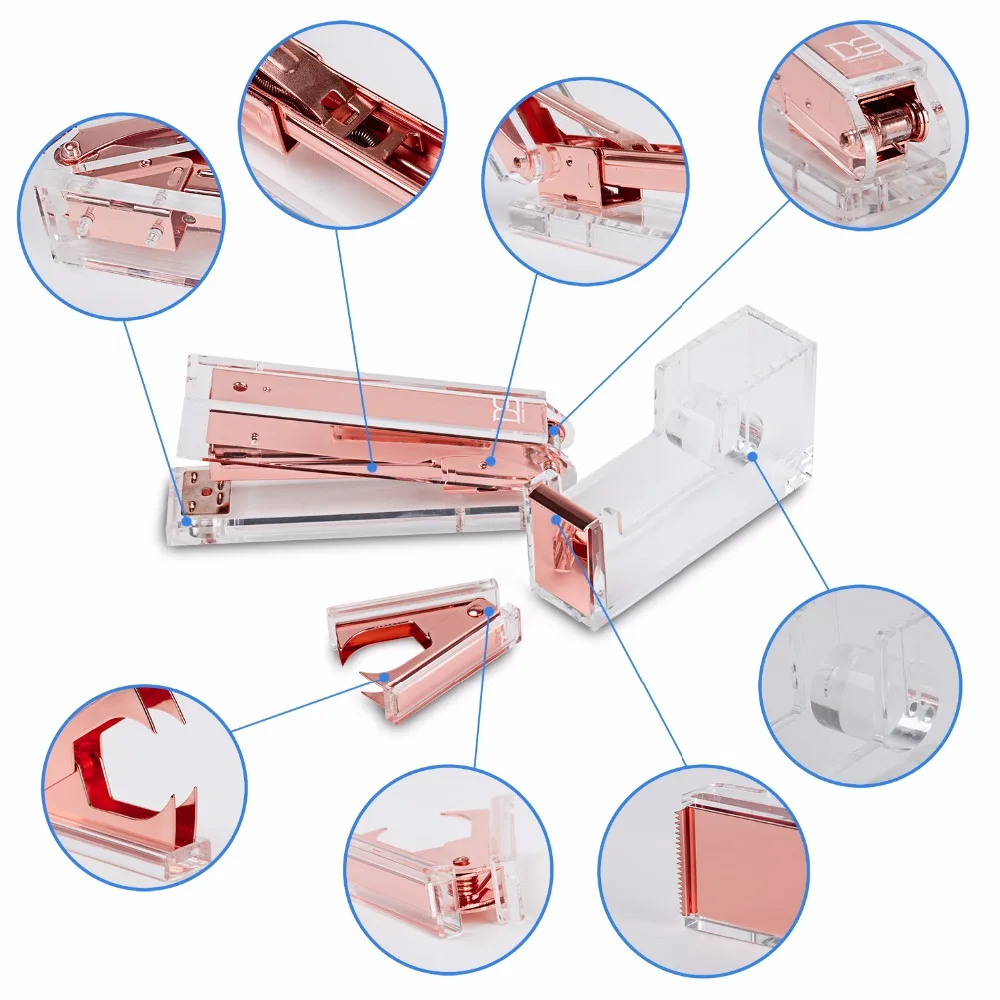 Акриловый степлер из розового золота 1) инструмент для удаления степлера 1) диспенсер для ленты акриловая настольная канцелярская серия