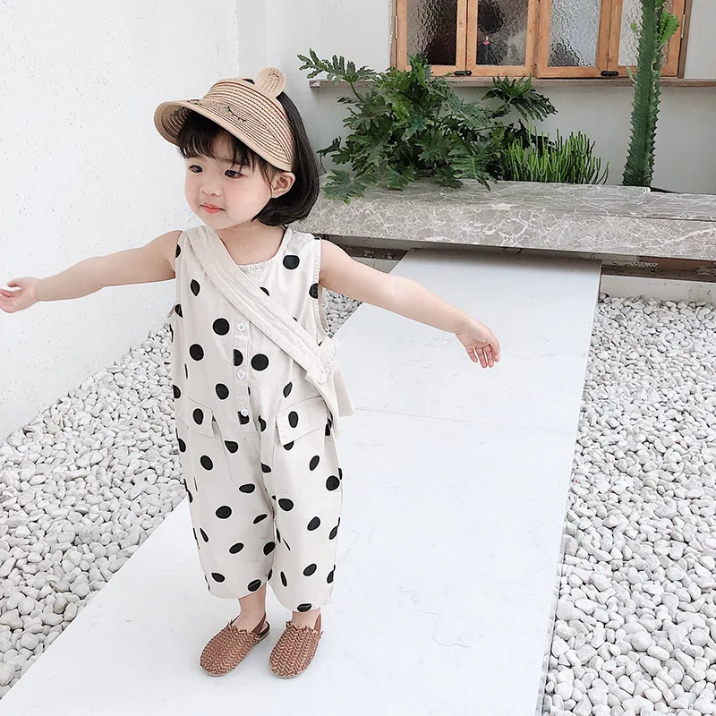 

Summer Girl Wave Point Jumpsuit Pants Toddler Sleeveless Overalls Casual Cotton Trousers Children Straight Suspender Clothes