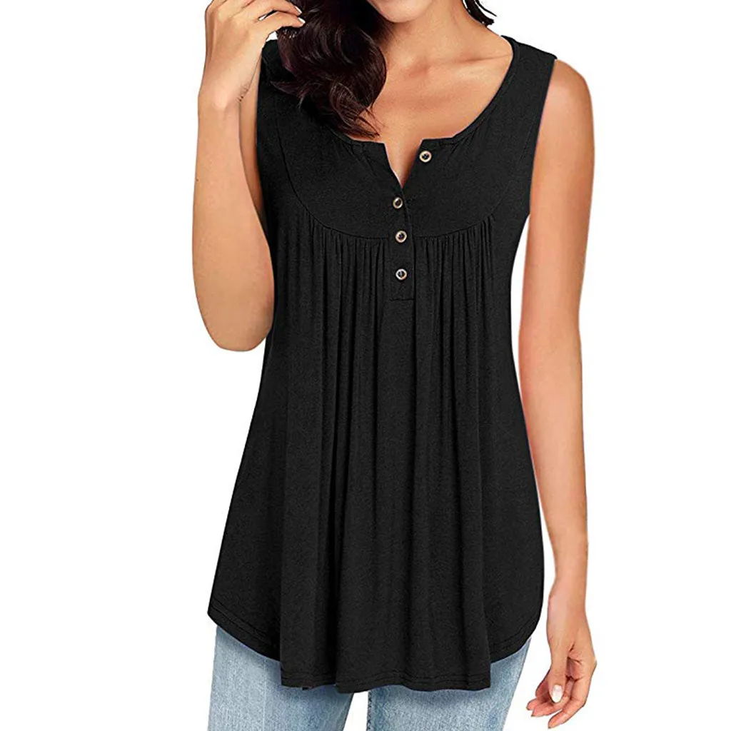 Summer Button V Neck Vest Tank Tops Fashion Women Polyester Casual