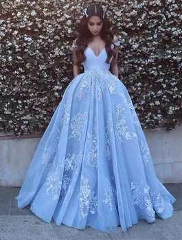 

Blue Muslim Evening Dresses Ball Gown Deep V-neck Tulle Lace Pearls Islamic Dubai Saudi Arabic Long Evening Gown Prom