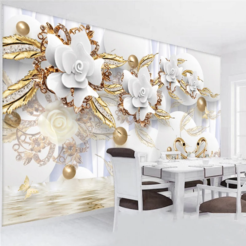 На заказ самоклеящиеся Настенные обои 3D Золотой шар белые цветы фото настенная живопись Гостиная ТВ диван роскошный Декор наклейки