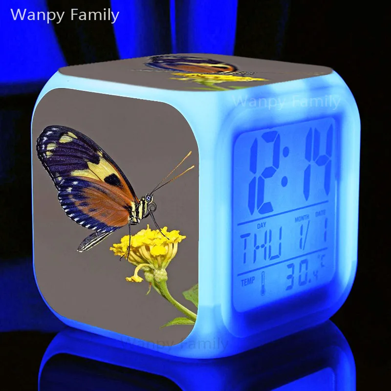Цветы бабочки Будильник 7 цветов светодиодный светящийся цифровой сигнализации Часы для детской комнаты Desktop многофункциональный Flash Watche часы - Цвет: Темно-синий