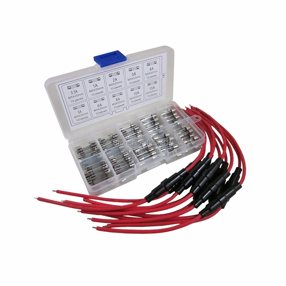 5x20mm 16 AWG Wire Fuse Holder + Quick Fast Glass Fuse Assorted 0.5A, 1A, 2A, 3A, 4A, 5A, 6A, 8A
