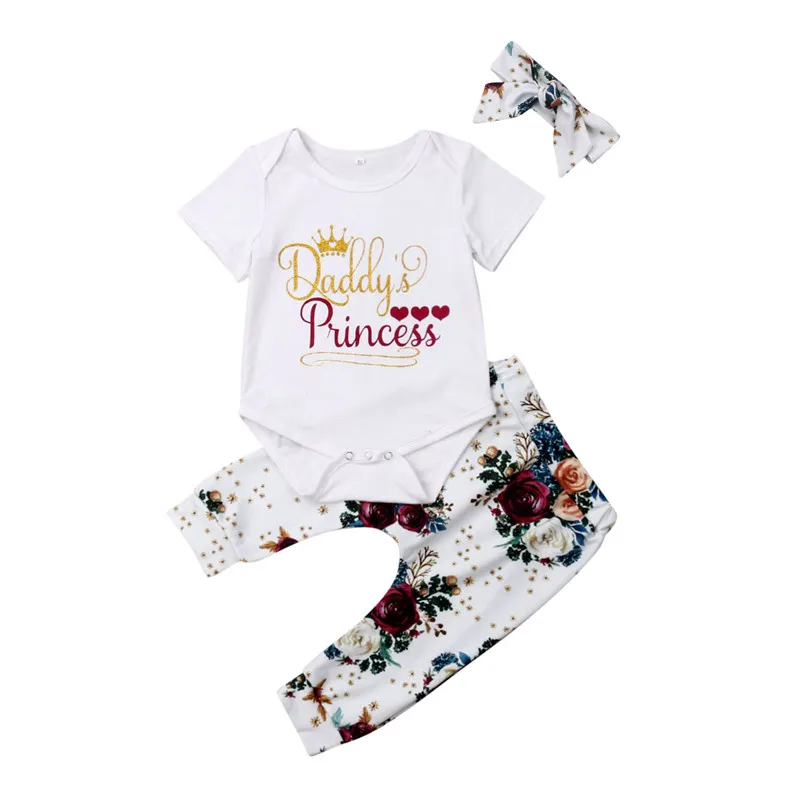 

Newborn Clothes Baby Girls Sets Casual 0-18M Daddy's Princess Romper Floral Pants Headband 3Pcs Baby Girl Outfits Cotton Clothes