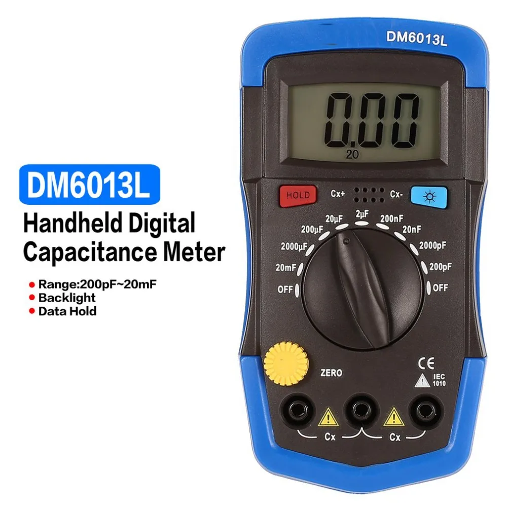 

DM6013L Portable Handheld Digital Capacitance Capacitor Meter 1999 Counts Tester 200pF~20mF Data Hold Backlight