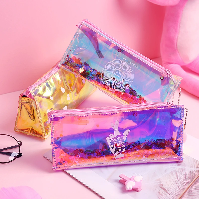 大ピンクキラキラかわいいホログラフィックスパンコール韓国ペンケース Pusheen バッグ多機能大蓄冷 Pencil Cases Aliexpress