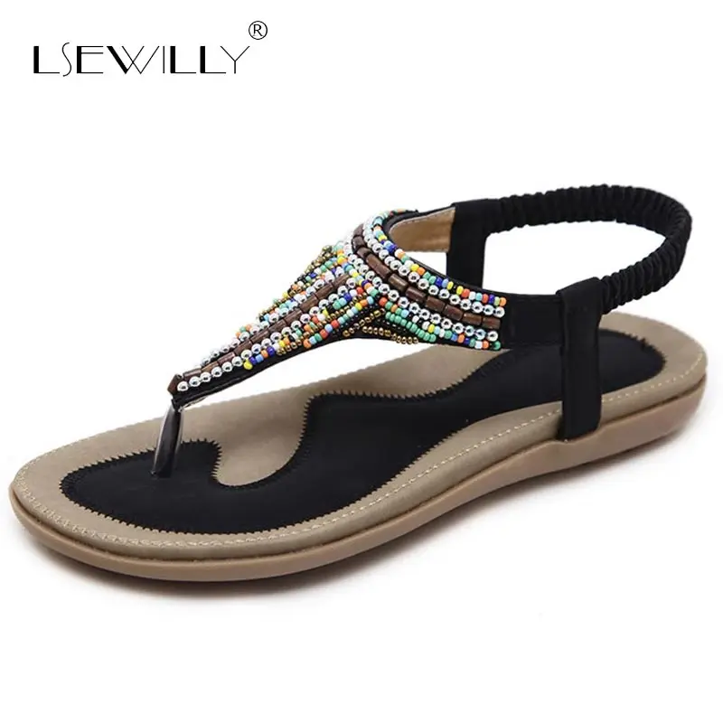 

Lsewilly 2018 Woman Sandals Bead Bohemian Peep Toe Comfortable Shoes Boho Back Apricot Strap Flat Beach Summer Shoes S053