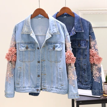 

2020 Spring Autumn Denim Jacket Womens Fashion Beading Embroidery Flower Jeans Jackets Ladies Students Loose Casual Denim Coats