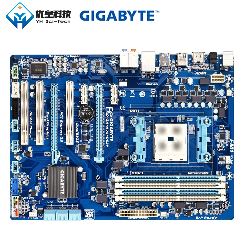 Оригинальная б/у настольная Материнская плата Gigabyte GA-A75-DS3P AMD A75 Socket FM1 AMD A E2 Athlon II DDR3 64G SATA3 USB3.0 HDMI ATX