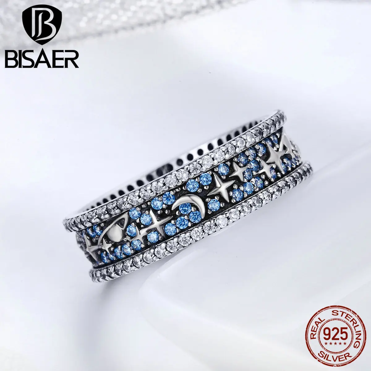 

BISAER 925 Sterling Silver Anel Statement Moon and Star Cocktail Female Finger Ring for Women Authentic Silver Jewelry ECR347