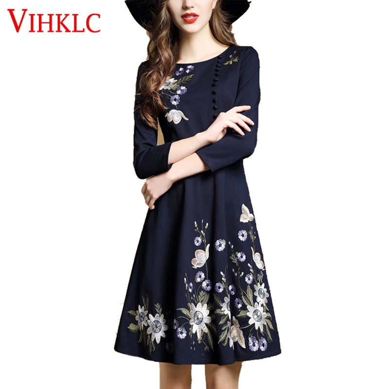 

2018 Womens Elegant Slim Drees Vintage Embroidery Office Lady Knee-Length Spring&Autumn Plus Size H1032