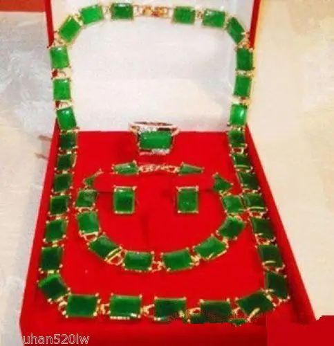 

FREE SHIPPING&gt;&gt;@&gt; FREE SHIPPINGCharming new green jade necklace bracelet earring ring 9-11# set Natural jewelry