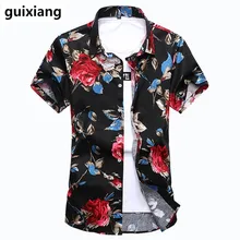 Мужская мода Роза узор короткий рукав рубашки мужские рубашки высокого качества Slim Fit хлопок повседневные рубашки для работы