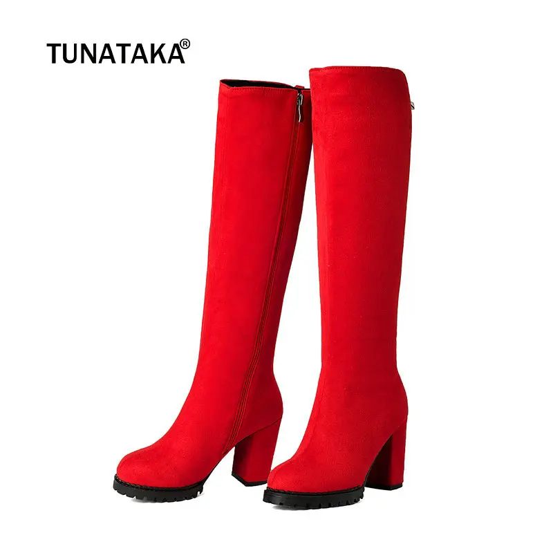 

Women Flock Knee High Boots Square High Heel Fashion Platform Boots Zipper Autumn Winter Ladies Shoes Boots Red Wine Red Black