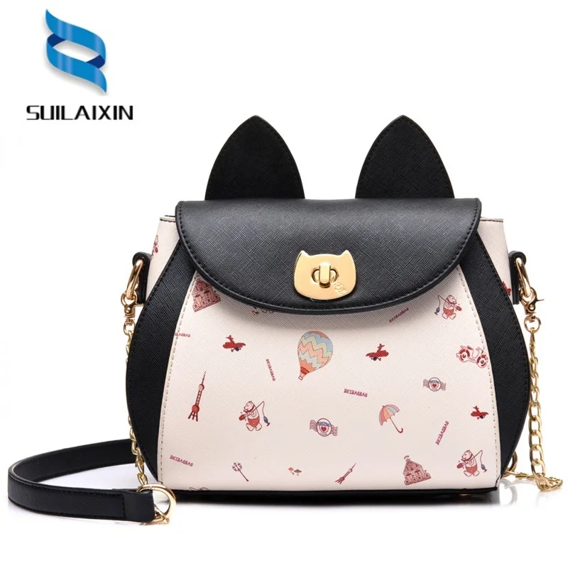 

Women Designer Brand Sailor Moon Leather Bags Cartoon Printing Shoulder Bags Small Chains Cat Clutch Bag Sac Femme High Qualit
