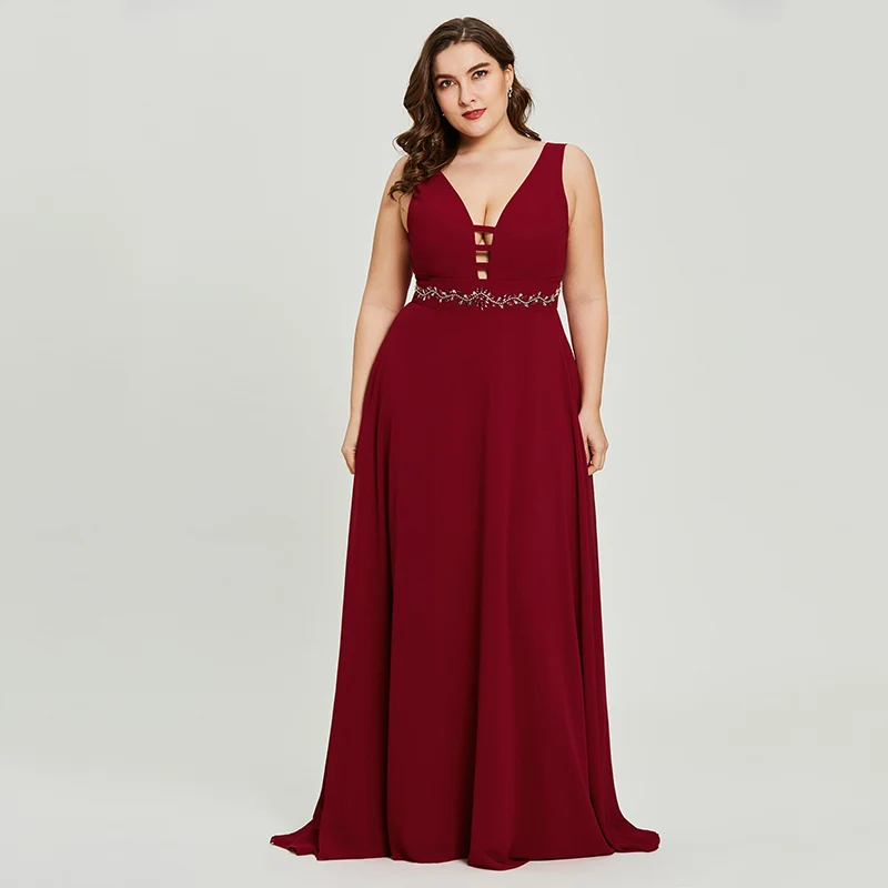 Dressv burgundy plus size long evening dress cheap v neck zipper up beading wedding party formal dress a line evening dresses