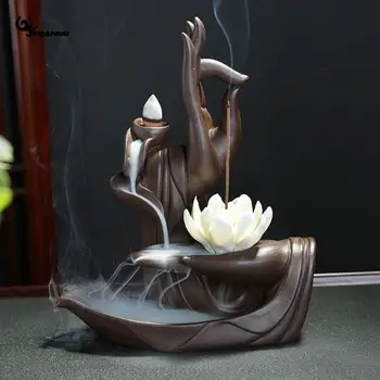 

Purple Sand Incense Holder Lotus Smoke Waterfall Backflow Incense Burner Ceramic Cone Sticks Holder Creative Home Bouddha Decor